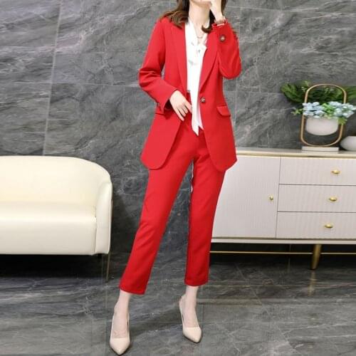 Professional suit pants suit women red suit jacket slim trousers 2-piece 2021 Autumn new womens clothing Plus Size M-5XL