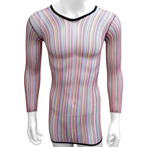 See through Fishnet Sexy lingerie Dress Rainbow Color long sleeve Erotic Sissy Chemise Sheath Lady Striped Sleepwear Babydoll