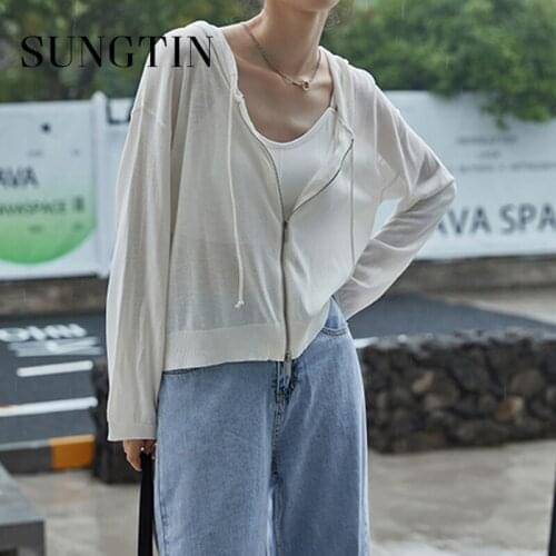Sungtin Thin Knitted Cardigan for Women Hooded Casual Solid Loose Cardigans Female Drawstring Korean Chic Solid Cropped Outwear