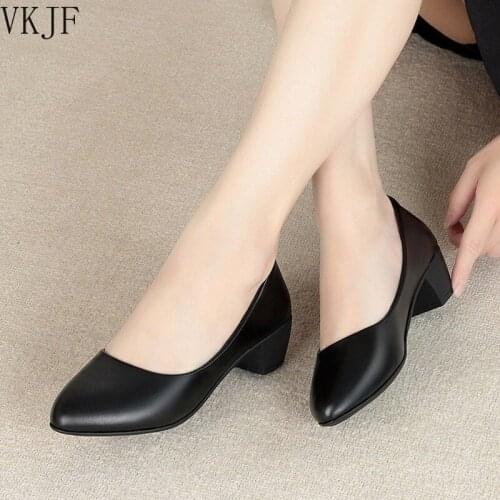 Womens Work Shoes Black Single Summer Ladies Casual Pumps Comfortable Low Heels Womens Leather High Heels Shoes
