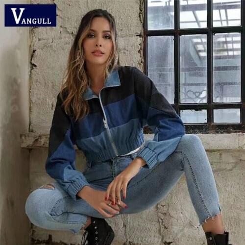 Vangull Casual Fashion Long Sleeves Color block Stand Collar Zipper Spring and Autumn 2021 New Retro denim Short Loose Jacket