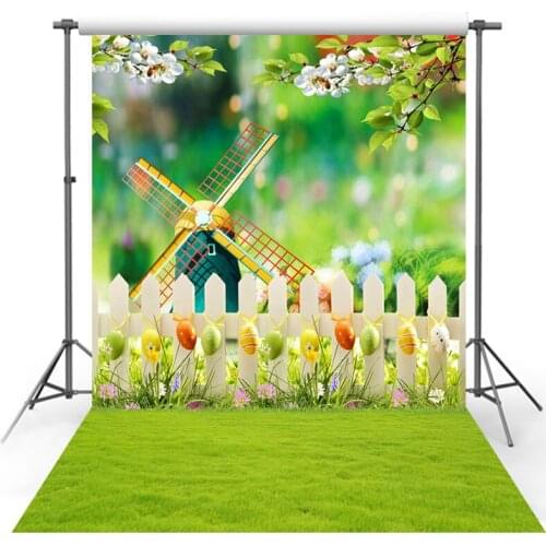 Vinyl Photography Backdrop Colorful Easter Eggs Spring Tree Windmill White Wooden Fence Decor Children Background Photo Studio