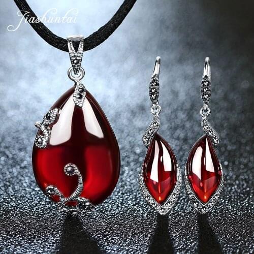 JIASHUNTAI Retro 100% 925 Sterling Silver Jewelry Sets Vintage Pendant Necklac Drop Earrings For Women Natural Stone