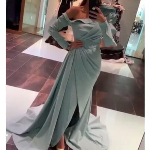 Green prom dresses 2020 one shoulder long sleeve side slit pleats satin evening dresses gowns