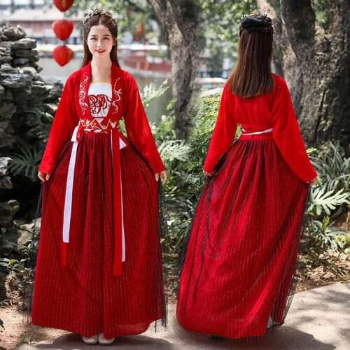 Women/Ladies Elegant Red Hanfu Clothes Traditional Chinese Ancient Costumes Folk Dance Skirt Girls Red Chinese Dress