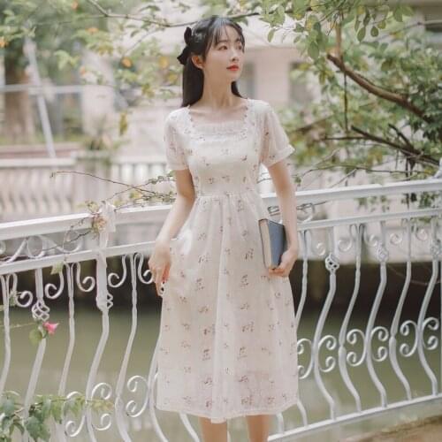 French First Love Sweet Floral Dresses For Women 2021 Summer Ruffled Lace Square Collar Elegant Lady Fairy Dress