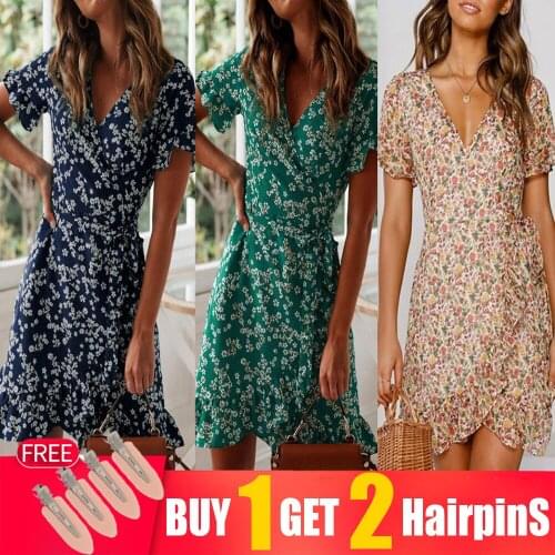 Women V Neck Beach Dresses 2021 Summer Hot Selling European American Printed Sexy V-neck Lace High Waist Chiffon Floral Dress