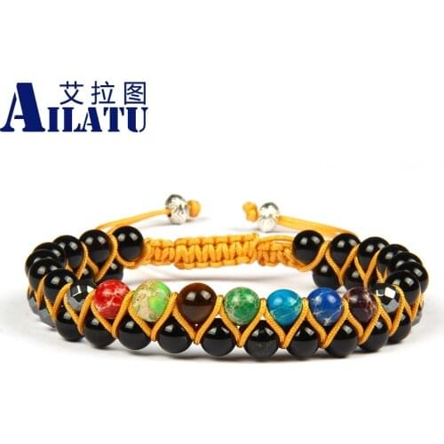 7 Chakra Healing Yoga Bracelet 6mm Natural Sediment & Black Onyx Stone Beads Double Rows Macrame Jewelry