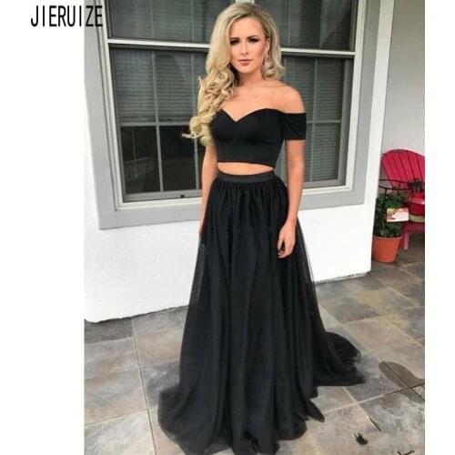 JIERUIZE Two Pieces Black Evening Dresses Off Shoulder Short Sleeves A Line Backless Formal Dresses Prom Gowns robe de mariee