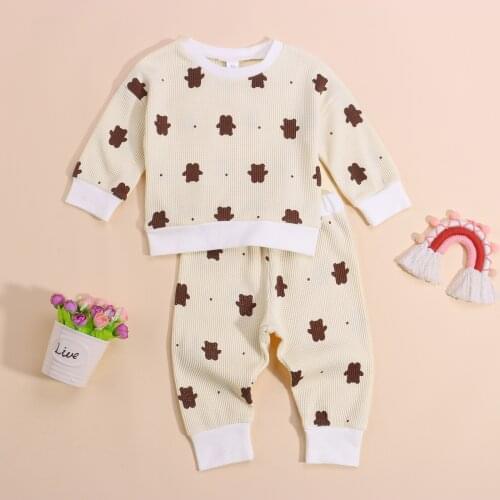 2Pcs Newborn Baby Color Block Outfits Cute Cartoon Bear Print Long Sleeve Round Neck Pullover Tops+Trousers Clothes Set