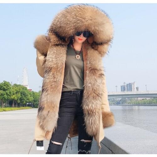 Women Long Jacket Real Fur Coats Plus Size Jacket Large Fox Fur Collar Detachable Faux Rabbit Fur Liner2020 New Winter Coat