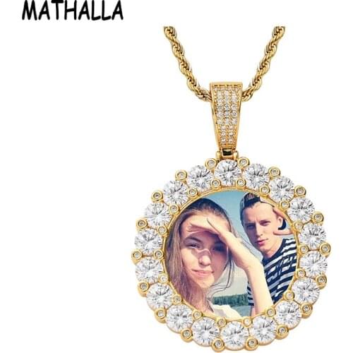 MATHALLA Bling DIY Picture Memory Medallions CZ Round Frame Pendant Iced Zircon Couple Necklace Hiphop Custom Photo Jewelry