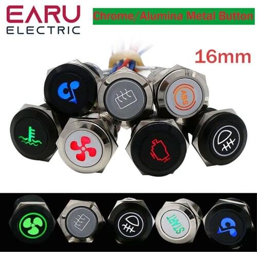 16/19/22mm Metal Push Button Switch LED Light DIY Logo Symbol Icon Signal Customization Waterproof Chromed Oxide Black for Car