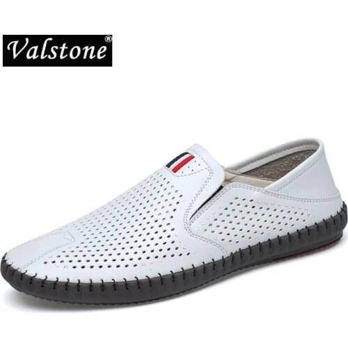 Valstone Mens Summer Moccasins Leather loafers Slip-on soft casual shoes comfortable driving flats White breathable perforated