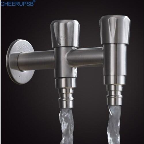 Wall Mount Bathroom Faucet Single Cold Stainless Steel Tap Washing Machine Grifo Double Spout Dual Handle Garden Basin Faucets