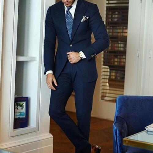 New Custom Male Clothing Luxury Fashion Handsome Lapel Slim Fit Navy Blue Groomsman Tuxedos Wedding Party Mens Jacket + Pants