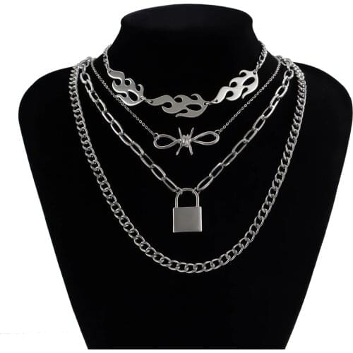 New Layered Chain Necklace Lock Pendant Jewelry For Women Men Punk Choker Padlock Goth Jewelry Grunge Aesthetic Accessories
