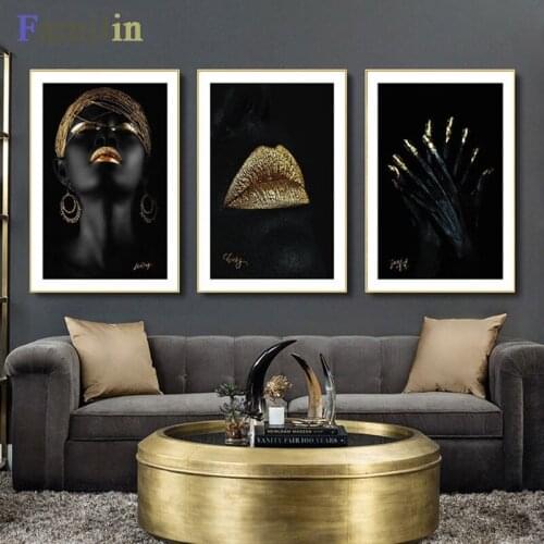 Modern Photo Pictures Black Sexy Girl Lips Gold Canvas Painting Wall Art For Living Room Home Decor Posters and Prints