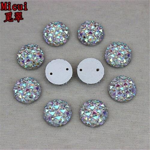 Micui 12/14/16/18mm Crystal AB Resin Rhinestones Flat Back Beads Round Circle Shape Sew On 2 Hole For Clothes Dress Crafts ZZ72