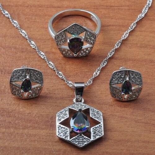 Amazing Multicolor Rainbow Zirconia Silver Plated Jewelry Sets For Women Brithday Gift Earrings Pendant Rings Set JS0644