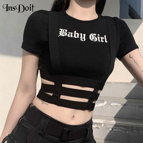 InsDoit Harajuku Streetwear Cargo Black T Shirt Punk Goth Sexy Hollow Out Short Sleeve Cropped Tops Women Letter Print Tshirt