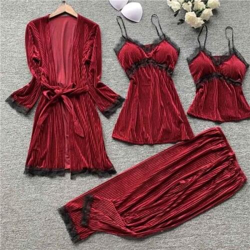 Gold Velvet 4 Pieces Women Pajamas Sleepwear Warm Winter Pajamas Sets Sexy Lace Robe Loungewear with Chest Pads Home Service