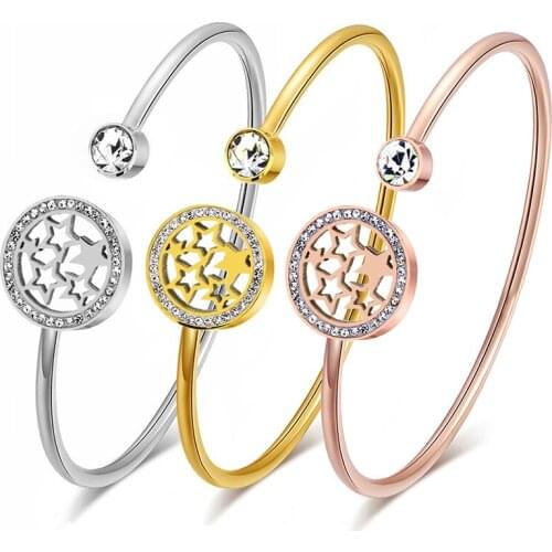 Classic Stainless Steel Charm Open Cuff Bracelets & Bangles For Women Round Gold Color Stars Face Bangles Jewelry Party Gift