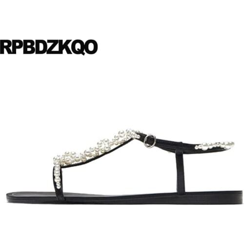 Women sandals flat summer 2019 holiday plus size t strap pearl designer open toe beaded black slingback beach shoes big large