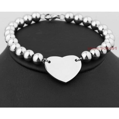 Womens Girls Jewelry Silver Stainless Steel Round 6mm/8mm Beads Ball Handmade Heart Strand Bracelet 8"