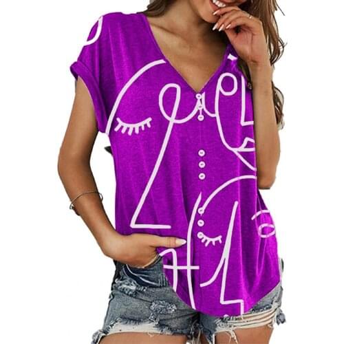 Women Top Casual Polyester Sketch Print Single-breasted Summer Loose V Neck Short Sleeve T-shirt Women Top Streetwear Plus Size
