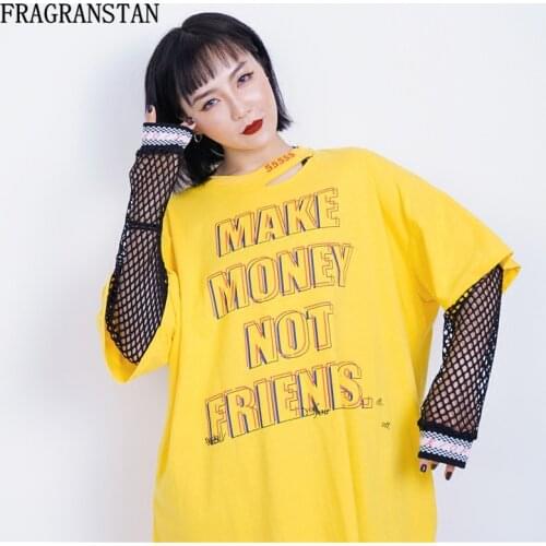 Fake Two Pieces Female Spring Autumn Letter Pattern Printed Grid Patchwork Sweatshirts Women Hollow Out Street Style Top JQ223