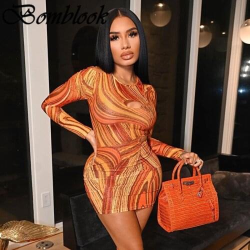 Bomblook Sexy Party Club Bodycon Dresses For Women 2021 Summer Printed O-neck Long Sleeve Hole Mixi Dress Female Streetwears