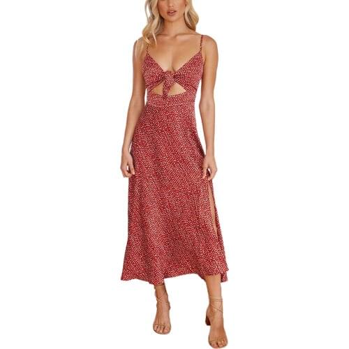 Women Summer Spaghetti Strap Dress Polka Dot/Floral Tied V-Neck Hollow Out Dresses with Side Slit Sundress Elegant A line Dress