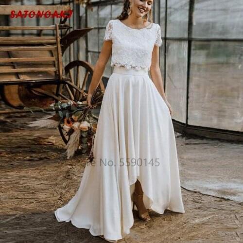 Two Pieces Lace Boho Wedding Dress 2020 Short Sleeves Button Applique High Low Bridal Gown Robe De Mariage Online Shop Undefined