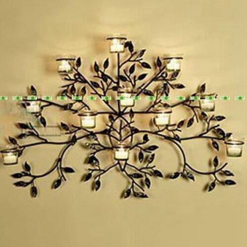 75cm Metal Wall Mount Artificial Plant Tree Candle Holder Stand Stick Glass Bottle Wedding Home Office Furniture Decor Black
