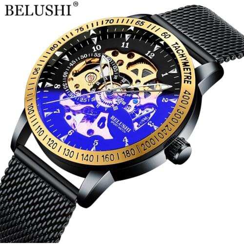 BELUSHI Hollow Out Watches Mechanical Automatic Men Luxury Brand Male Watch Waterproof Business Wristwatch Men Relogio Masculino