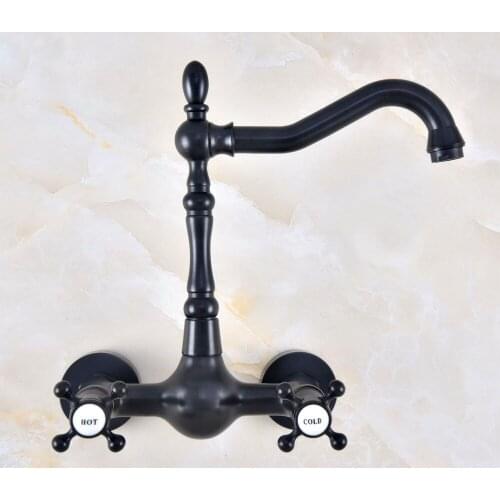 Black Oil Rubbed Antique Brass Bathroom Kitchen Sink Basin Faucet Mixer Tap Swivel Spout Wall Mounted Dual Cross Handles mnf465