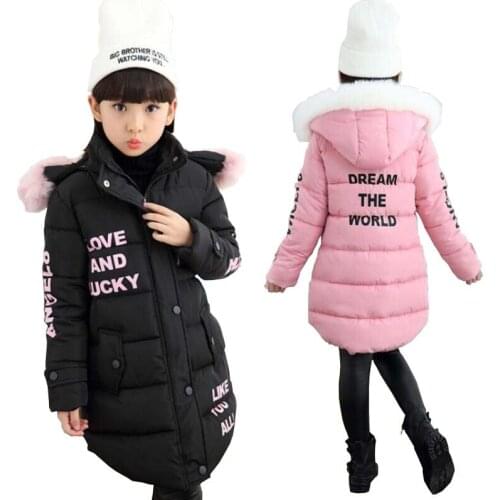 Girls winter warm jacket 3-15T kids long style fur hoodies children cotton long sleeve coat teenage thickness casual clothes