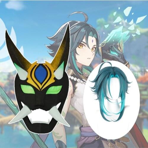 Genshin Impact Xiao Cosplay Mask Helmet Halloween Carnival Cosplay wig green hair Costume Accessories Props
