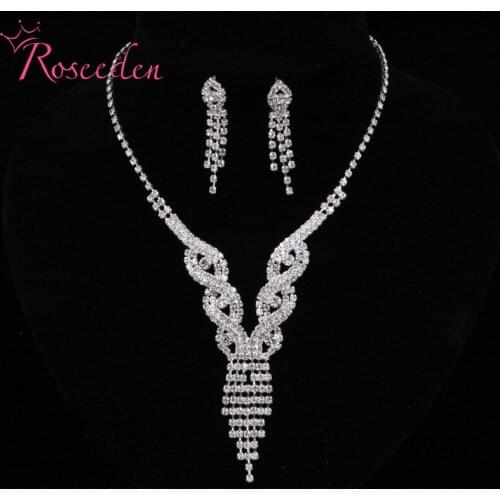 2pcs hot bride Jewelry Sets Silver Color Rhinestone Tassels Statement Necklace and Earrings Jewelry Sets RE842