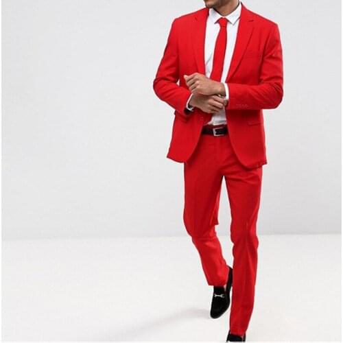 Red Prom Men Suits for Evening 2 Piece Notched Lapel Wedding Groom Tuxedos Male Fashion Costume Set Jacket with Pants