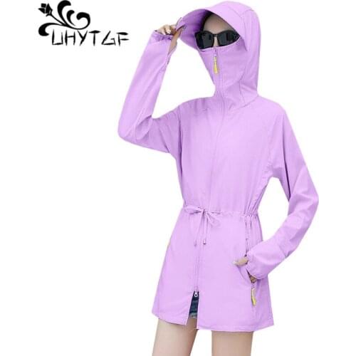 UHYTGF Anti-UV summer trench coat Breathable thin tops womens hooded outdoor sun protection clothing elegant plus size coats 598