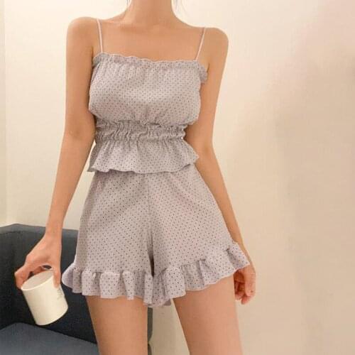 Polka Dot Summer Pajamas Set Women Spaghetti Strap Cropped Tops + Shorts Set Two Piece Home Suit Kawaii Sexy Home Clothes