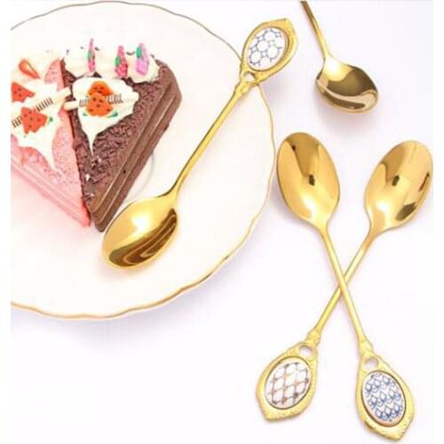 Stainless Steel Spoons Inlay Ceramic Handle Coffee Scoop Vintage Gold Color Dessert Spoon Elegant Fashion Cake Scoop