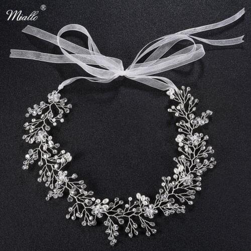 Miallo Fashion Handmade Blossom Bridal Headpiece for Women Crystal Pearls Headbands Wedding Hair Vine