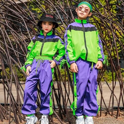 New Children Street Dance Clothing Kids Stage Performing Costume Loose Hiphop Long Sleeve Coat Pants Jazz Sport Clothes B1235