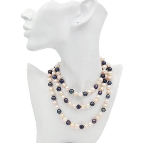 Hand knotted natural baroque 9-10mm freshwater pearl white pink black long 106cm necklace fashion jewelry