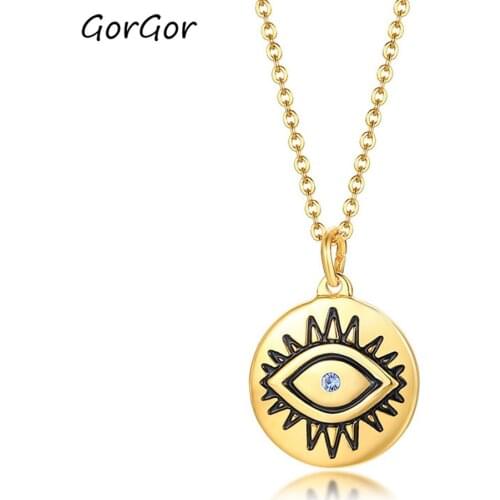 GorGor Necklace Women Stainless Steel Gold Eye Pattern Round Card Shape Elegant Symbol Small Exquisite Accessories NC-491