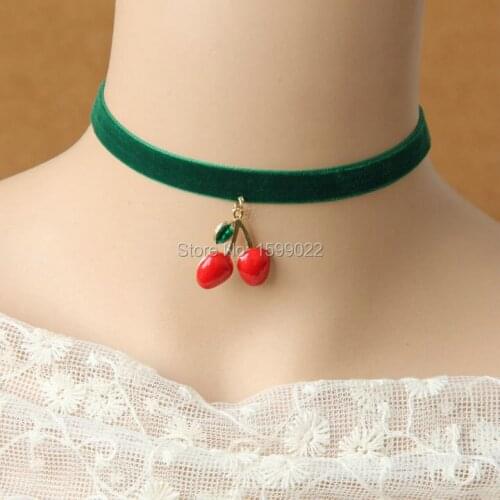 Popular Retro Choker Green Ribbon Necklace Red Cherry Fruit Pendant Collar Harajuku Style Teenager Girls Women Neck Accessories