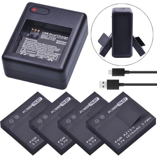 PowerTrust 4x 1010mAh AZ13-1 AZ13 Li-ion Battery + Dual USB Charger For xiaomi yi 1 Action Camera Xiaomi YI AZ13 1 batteries